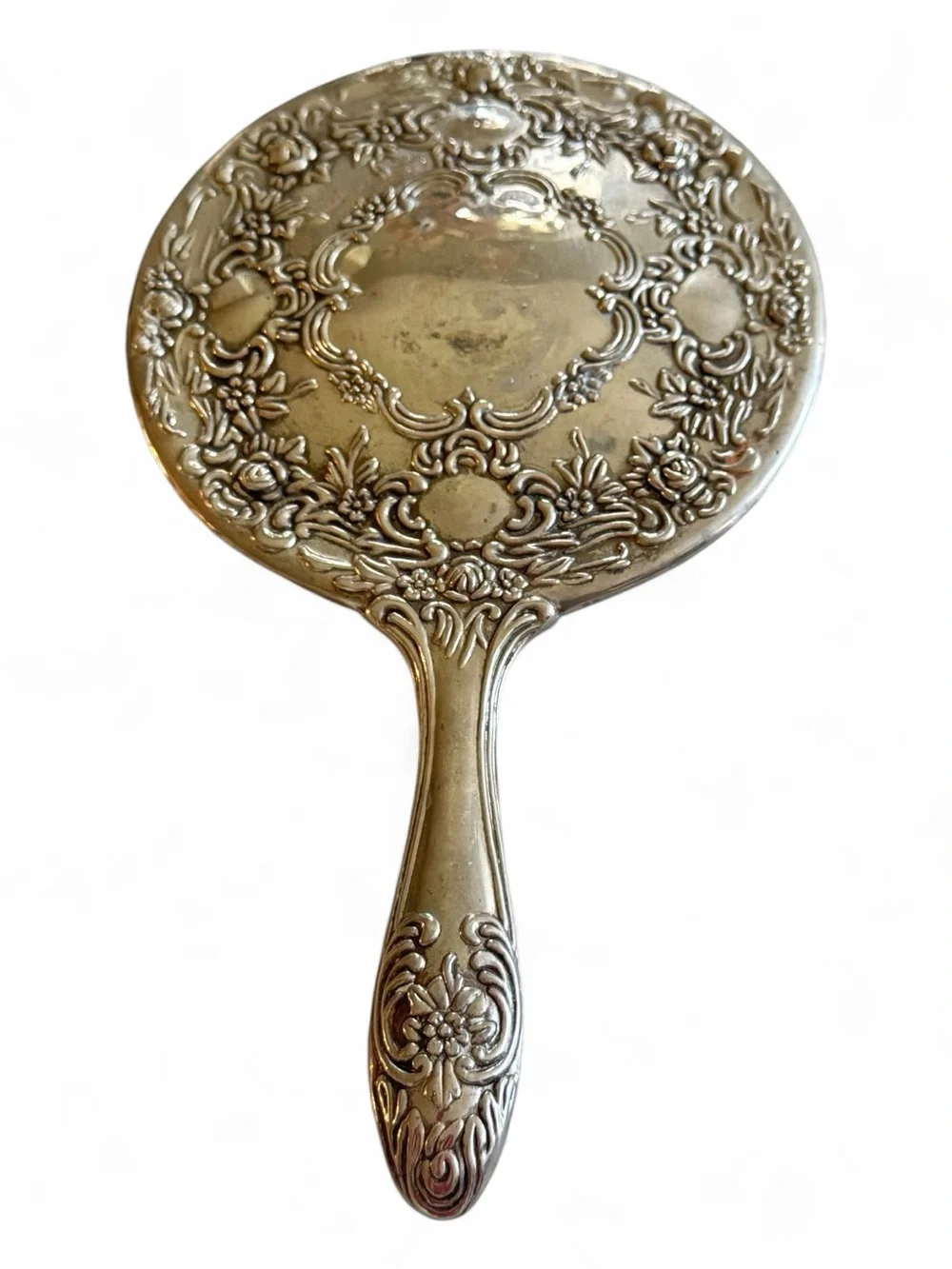 vintage silver-plated vanity hand mirror
